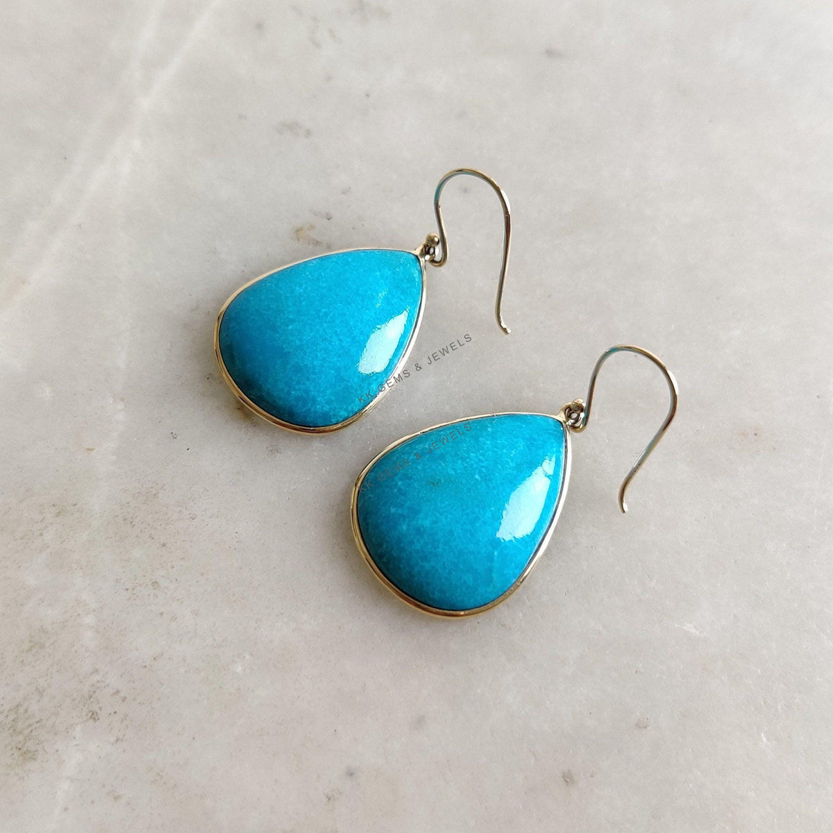 Natural Sleeping Beauty Turquoise Earrings, 14K Solid Yellow Gold Pear Jewelry