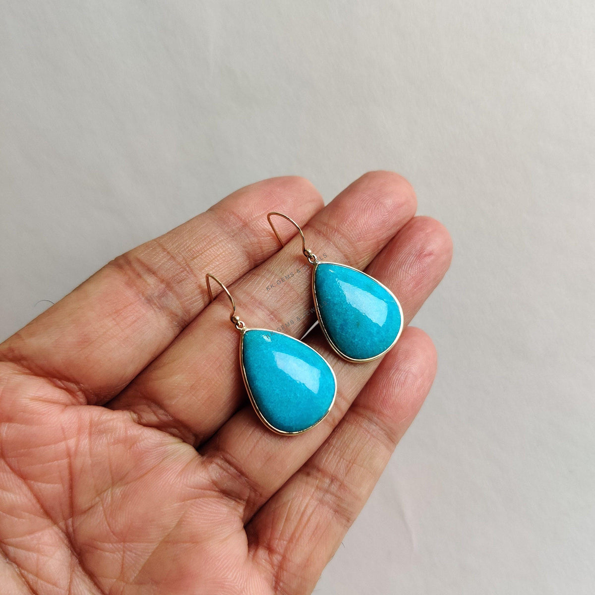 Natural Sleeping Beauty Turquoise Earrings, 14K Solid Yellow Gold Pear Jewelry