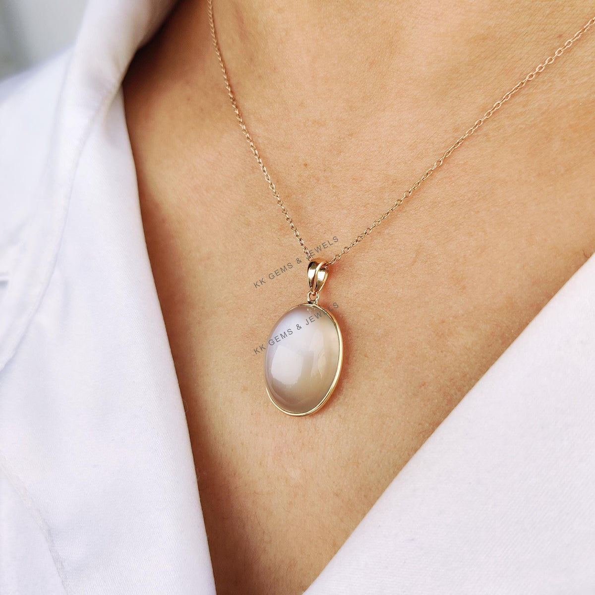 14K Solid Yellow Gold Natural White Moonstone Bezel Pendant, June Birthstone