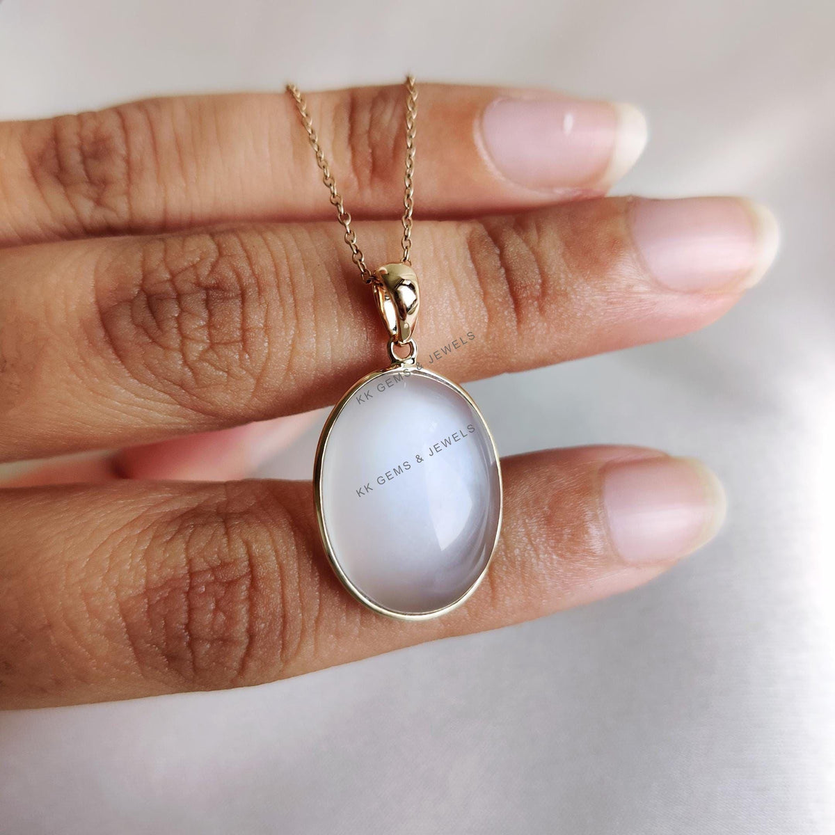 14K Solid Yellow Gold Natural White Moonstone Bezel Pendant, June Birthstone