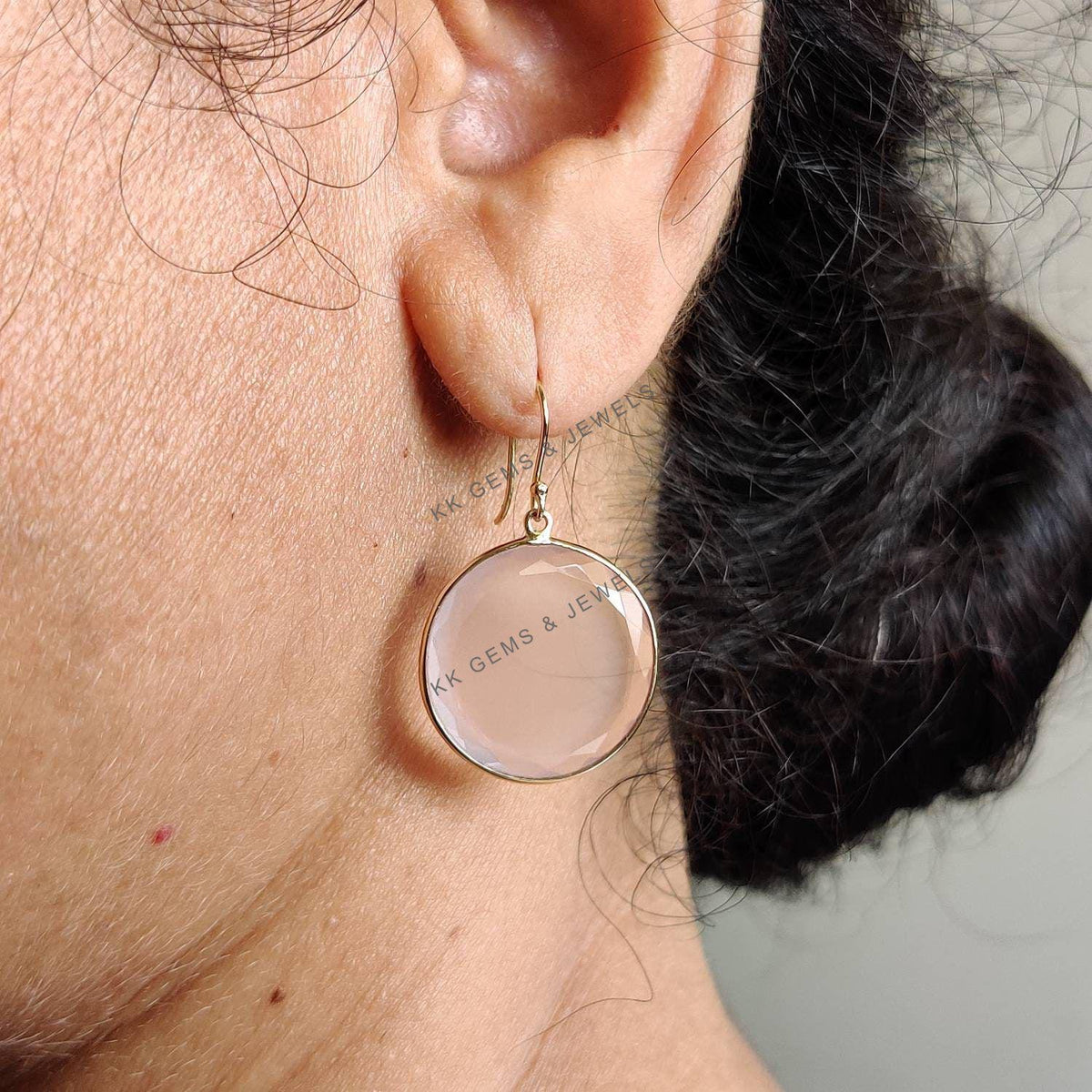 14K Solid Yellow Gold Natural Rose Quartz Round Bezel Earrings, January Birthstone
