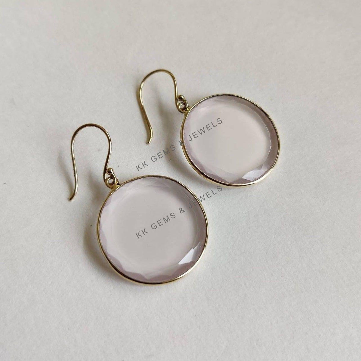 14K Solid Yellow Gold Natural Rose Quartz Round Bezel Earrings, January Birthstone