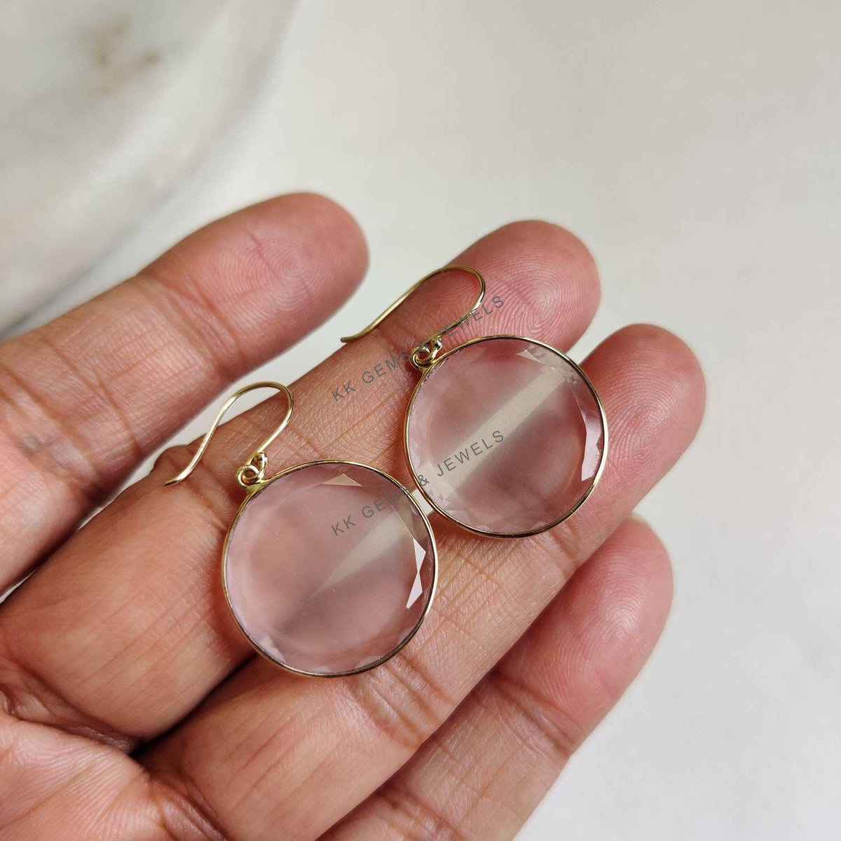 14K Solid Yellow Gold Natural Rose Quartz Round Bezel Earrings, January Birthstone