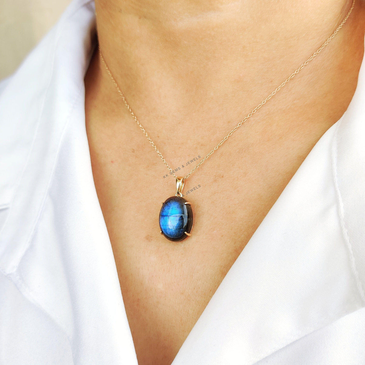 Natural Blue Labradorite Pendant, 14K Solid Yellow Gold, Oval Cabochon