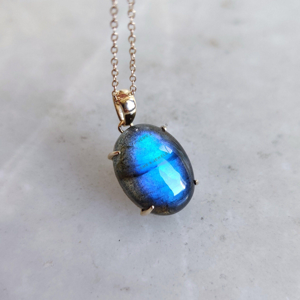 Natural Blue Labradorite Pendant, 14K Solid Yellow Gold, Oval Cabochon