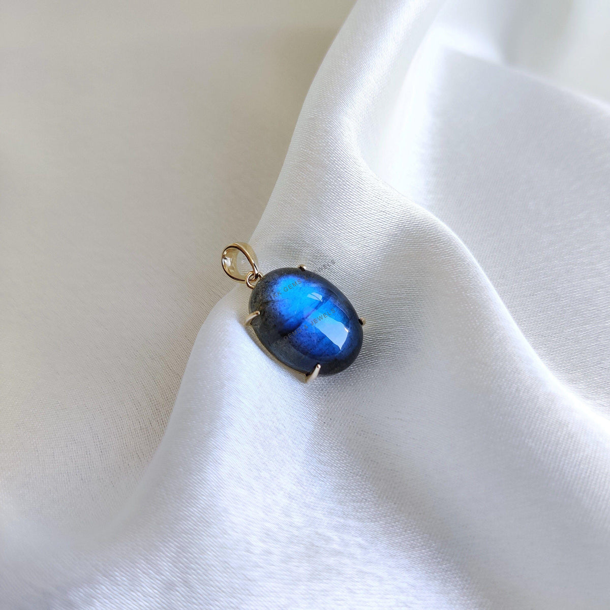 Natural Blue Labradorite Pendant, 14K Solid Yellow Gold, Oval Cabochon