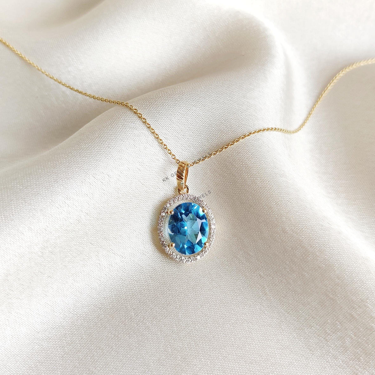 Natural Swiss Blue Topaz & Diamond Pendant, 14K Solid Yellow Gold, December Birthstone