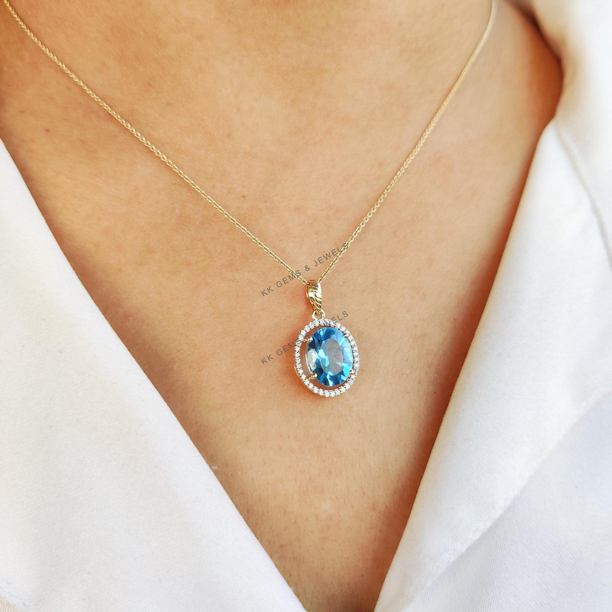 Natural Swiss Blue Topaz & Diamond Pendant, 14K Solid Yellow Gold, December Birthstone