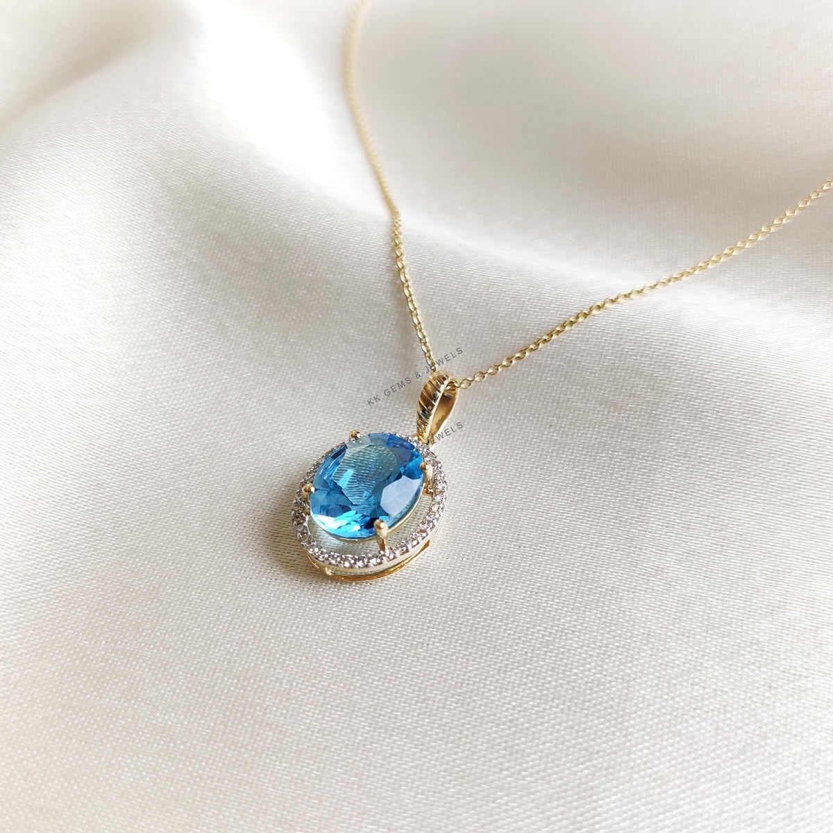 Natural Swiss Blue Topaz & Diamond Pendant, 14K Solid Yellow Gold, December Birthstone