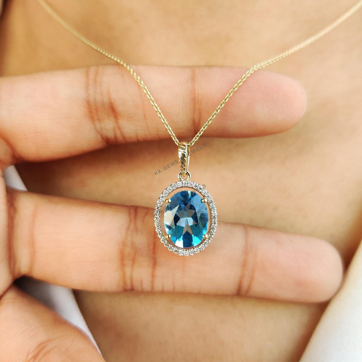 Natural Swiss Blue Topaz & Diamond Pendant, 14K Solid Yellow Gold, December Birthstone