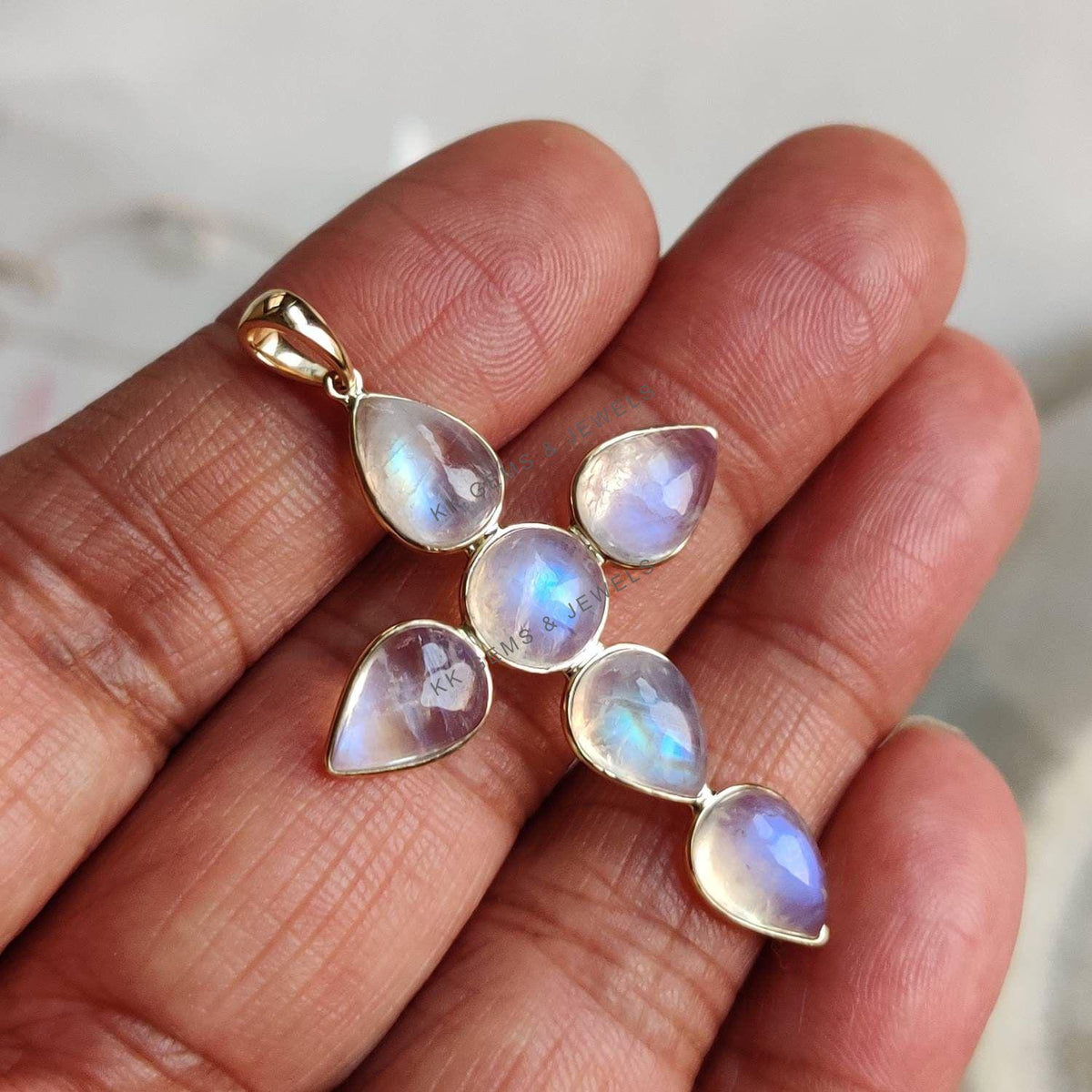 Natural Rainbow Moonstone Cross Pendant, 14K Solid Yellow Gold, June Birthstone