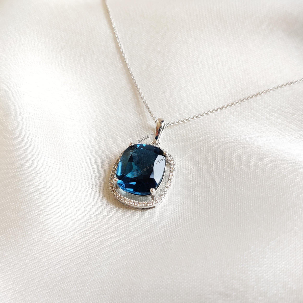 Natural London Blue Topaz & Diamond Pendant: 14K Solid White Gold Cushion Cut