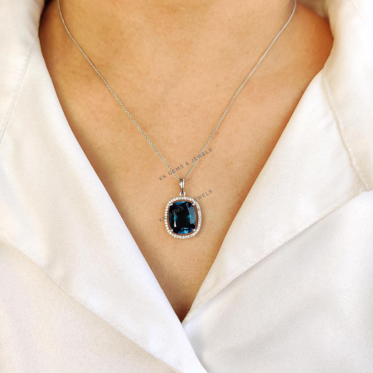 Natural London Blue Topaz & Diamond Pendant: 14K Solid White Gold Cushion Cut