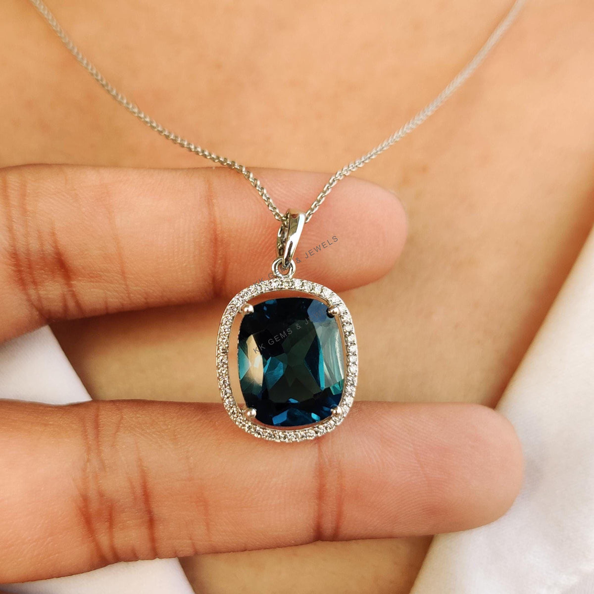 Natural London Blue Topaz & Diamond Pendant: 14K Solid White Gold Cushion Cut