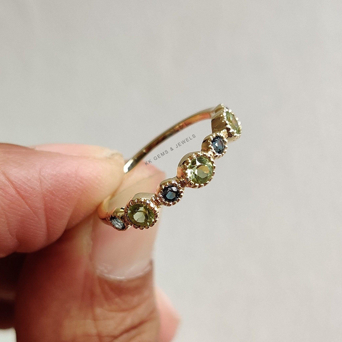 Natural Peridot & London Blue Topaz Ring, 14K Solid Yellow Gold Gemstone Stackable Ring
