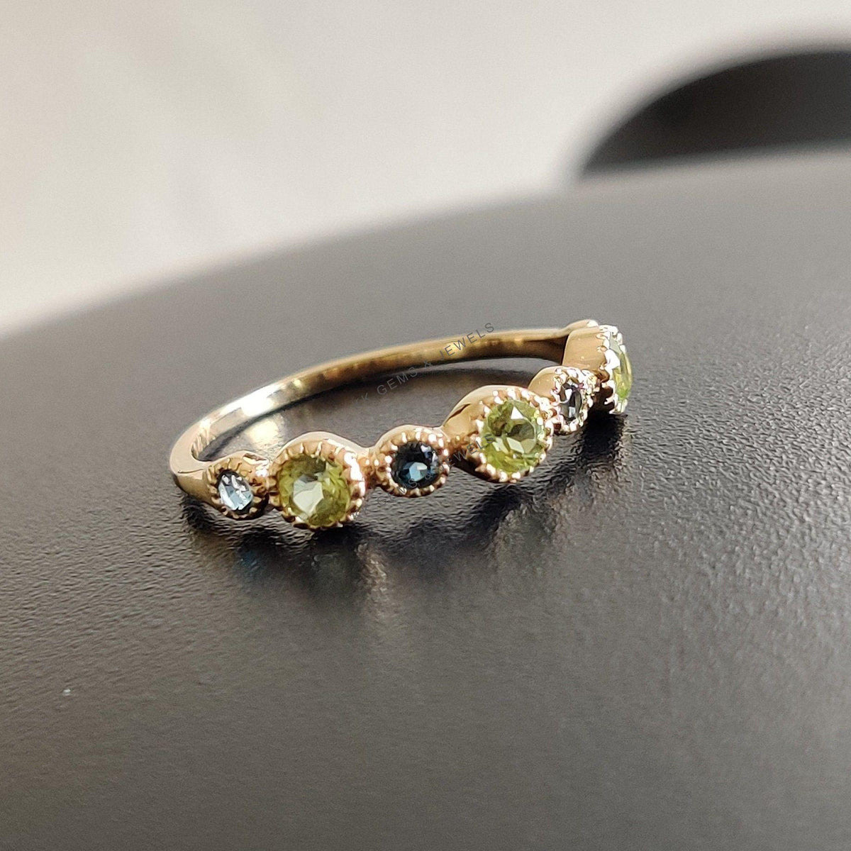 Natural Peridot & London Blue Topaz Ring, 14K Solid Yellow Gold Gemstone Stackable Ring