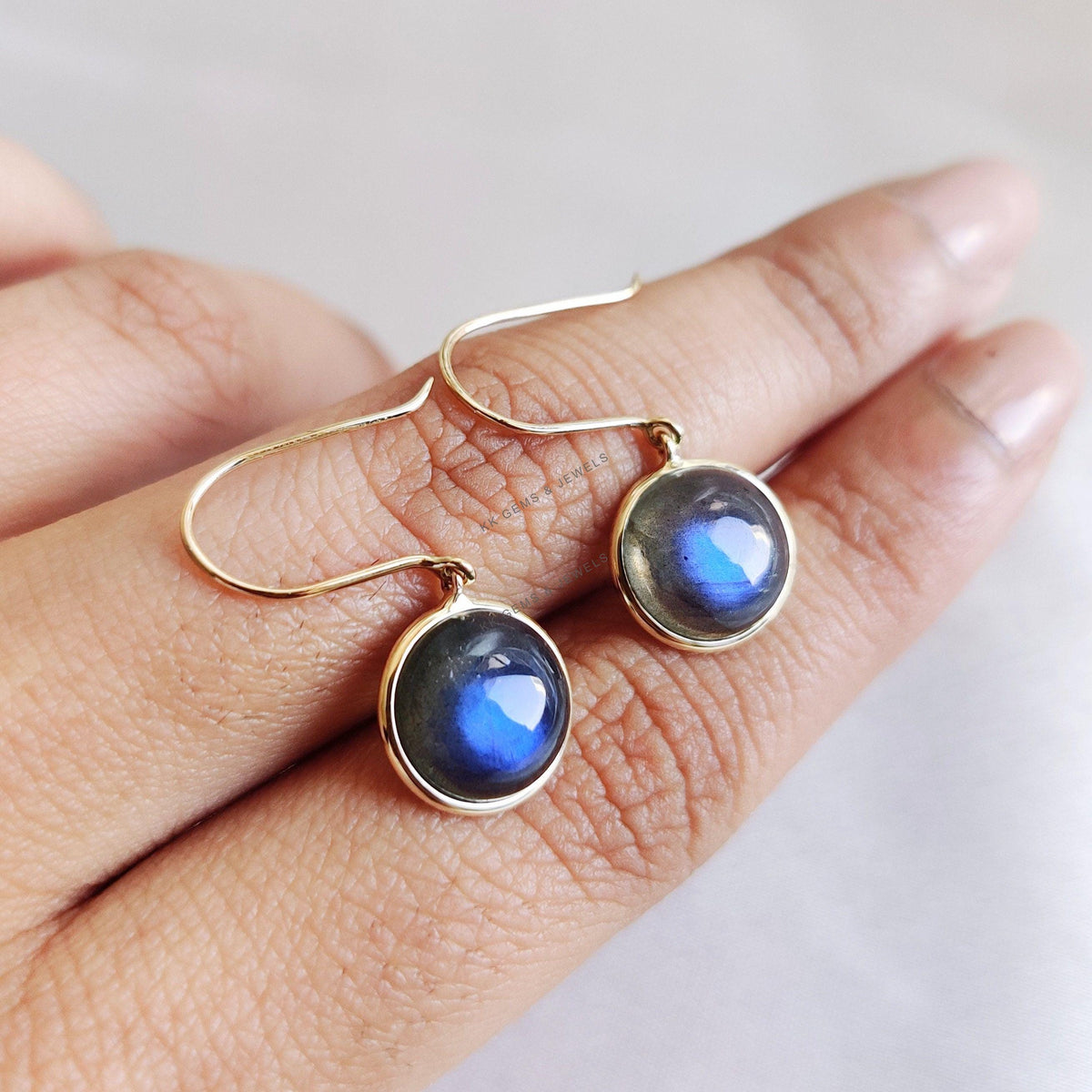 14K Solid Gold Natural Labradorite Earrings, Round Cabochon Bezel