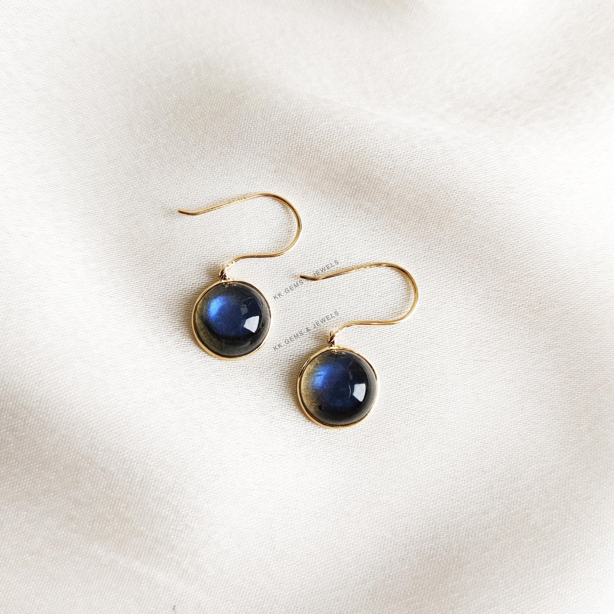 14K Solid Gold Natural Labradorite Earrings, Round Cabochon Bezel