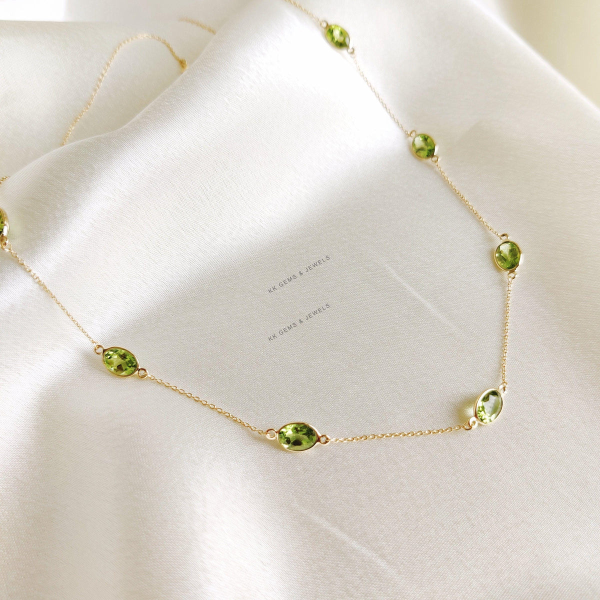 Natural Peridot Bezel Necklace, 14K Solid Yellow Gold, August Birthstone