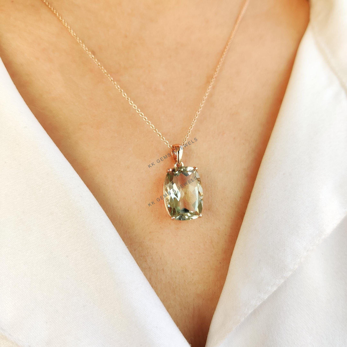 Natural Green Amethyst Pendant, 14K Solid Rose Gold, February Birthstone
