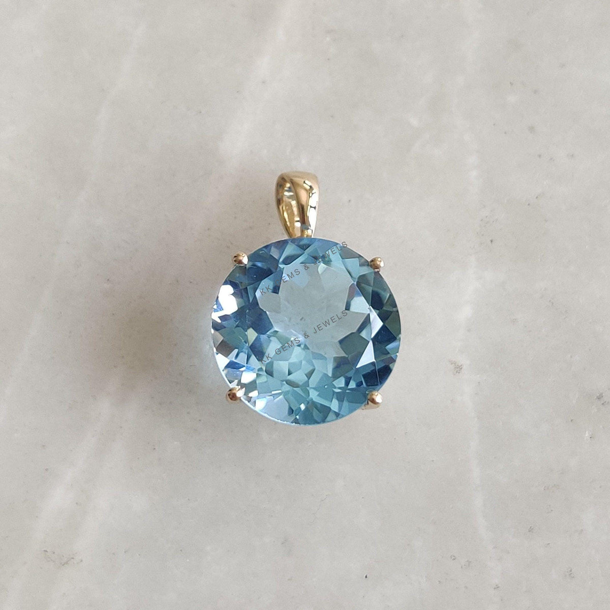 14K Solid Gold Natural Sky Blue Topaz Pendant - December Birthstone