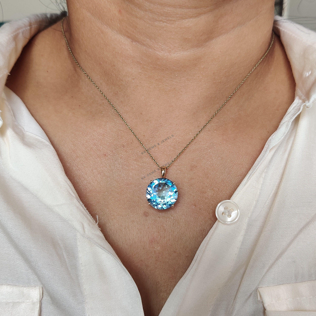 14K Solid Gold Natural Sky Blue Topaz Pendant - December Birthstone