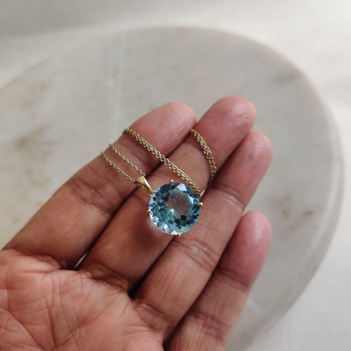 14K Solid Gold Natural Sky Blue Topaz Pendant - December Birthstone