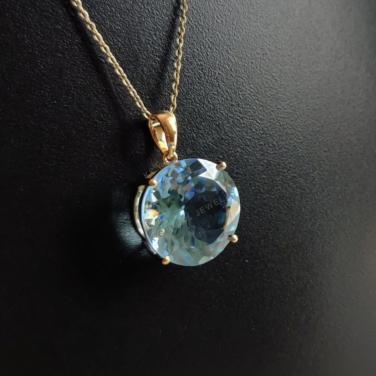 14K Solid Gold Natural Sky Blue Topaz Pendant - December Birthstone