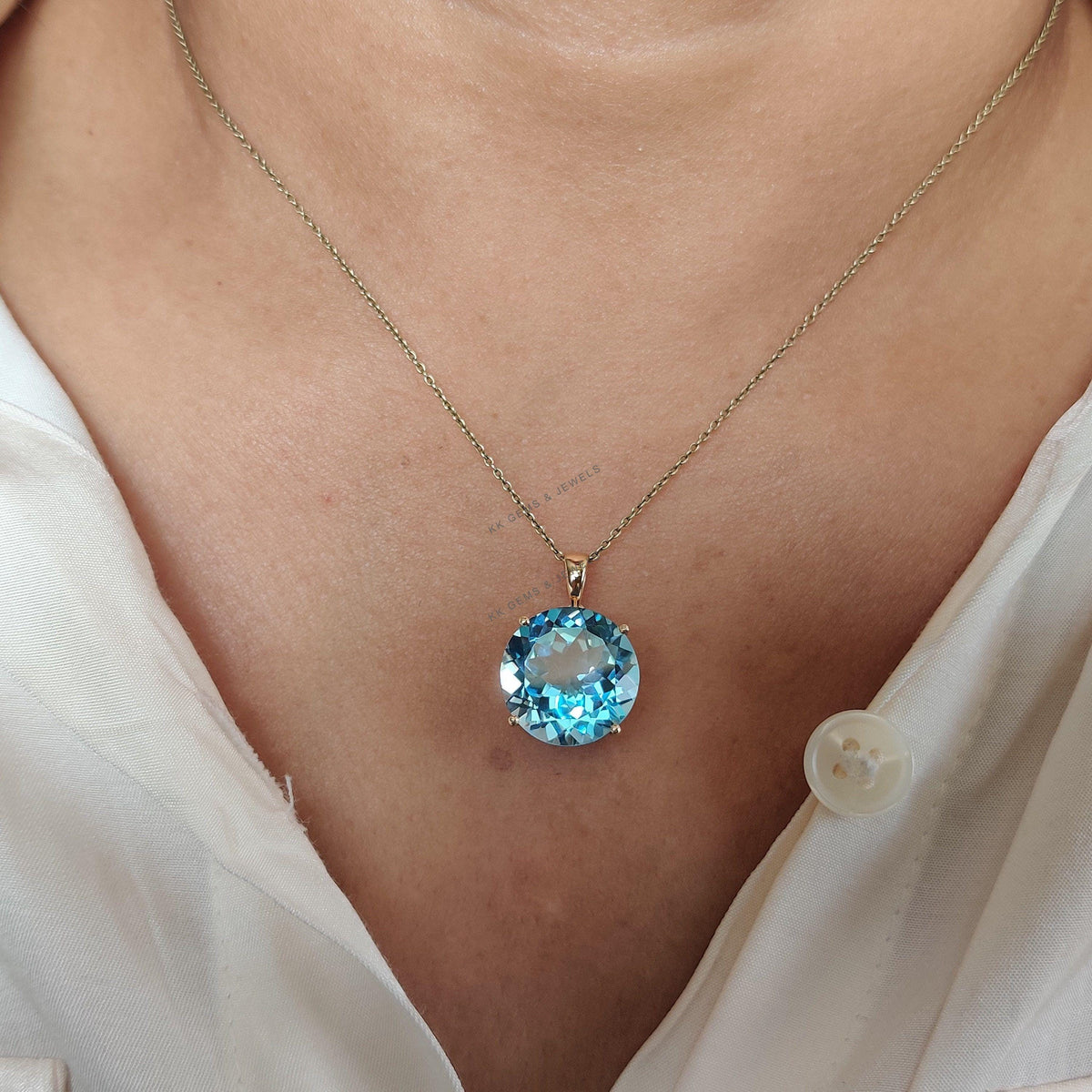 14K Solid Gold Natural Sky Blue Topaz Pendant - December Birthstone