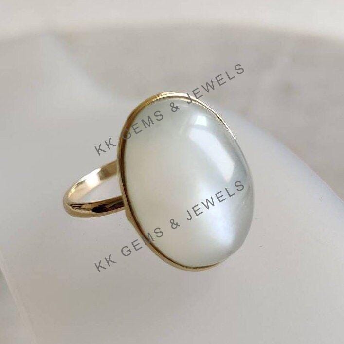 Oval Natural White Moonstone Ring, 14K Solid Yellow Gold Bezel Setting, June Birthstone