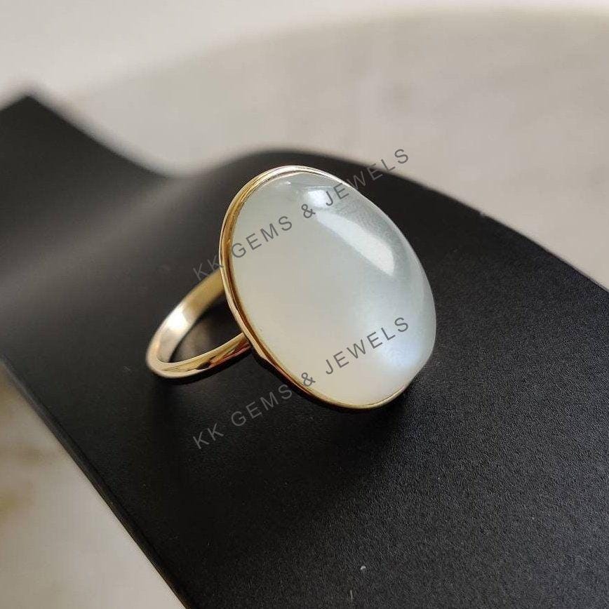 Oval Natural White Moonstone Ring, 14K Solid Yellow Gold Bezel Setting, June Birthstone