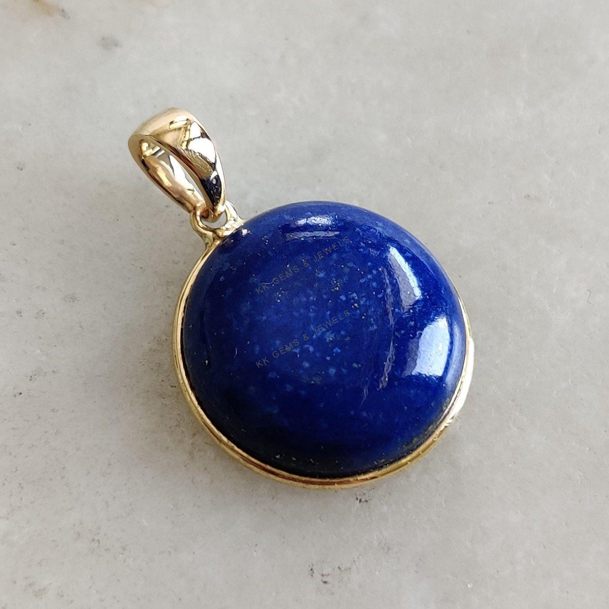 14K Solid Yellow Gold Natural Lapis Lazuli Pendant, Round Cabochon, September Birthstone, Christmas Present