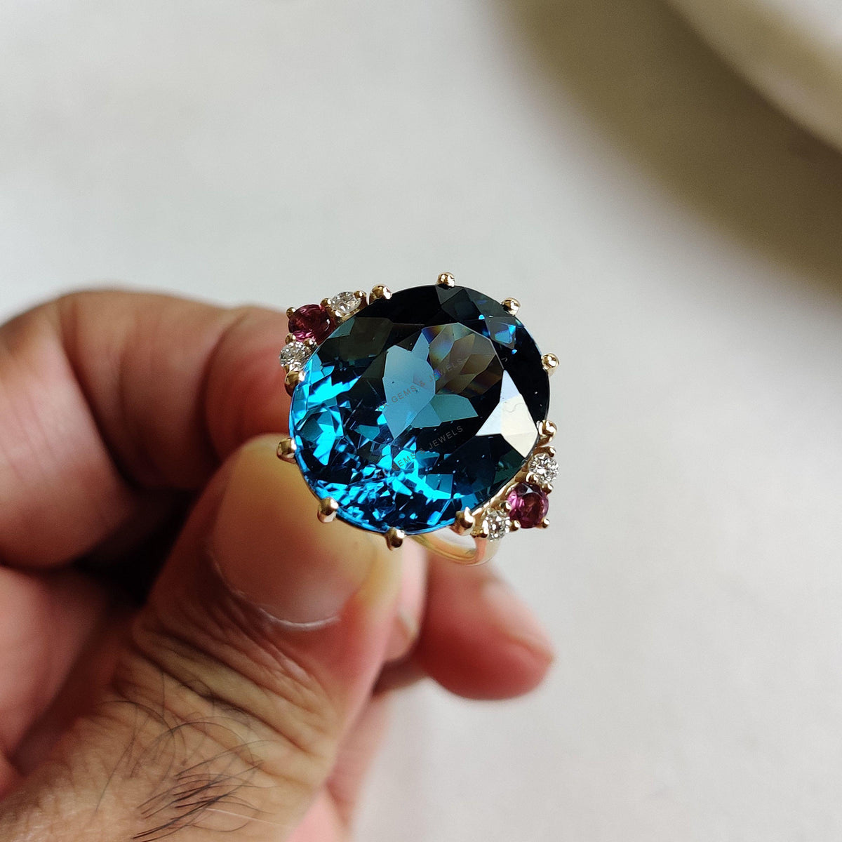 Natural London Blue Topaz & Diamond and Pink Tourmaline Cocktail Ring, 14K Solid Yellow Gold