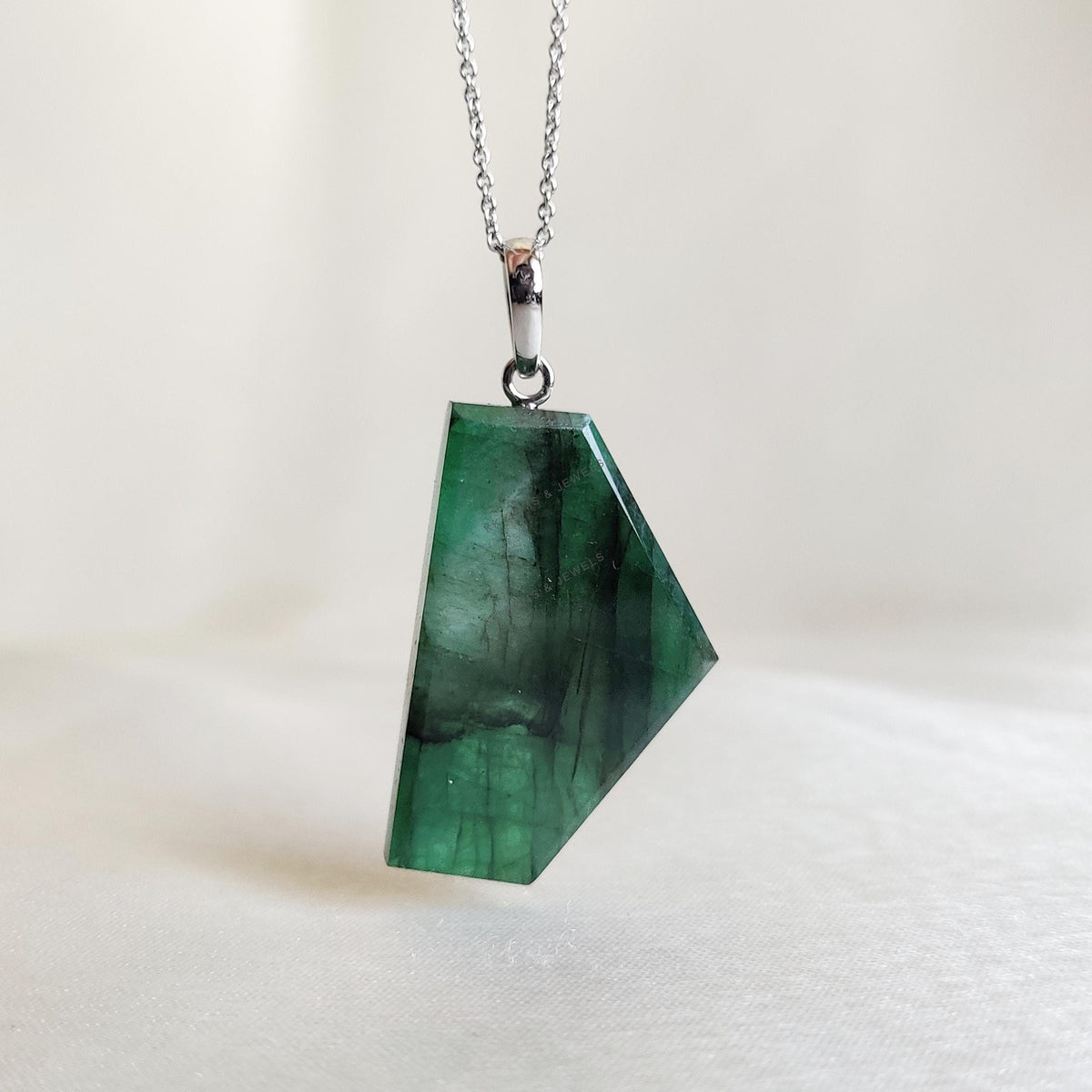 Natural Emerald Pendant, 14K Solid White Gold, May Birthstone
