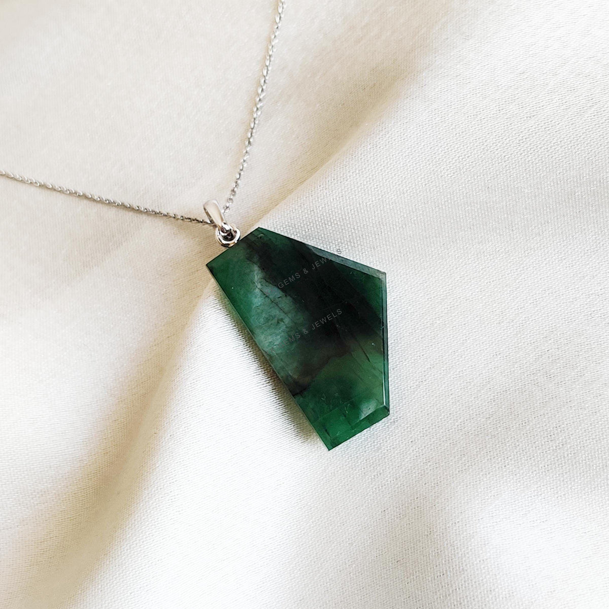 Natural Emerald Pendant, 14K Solid White Gold, May Birthstone