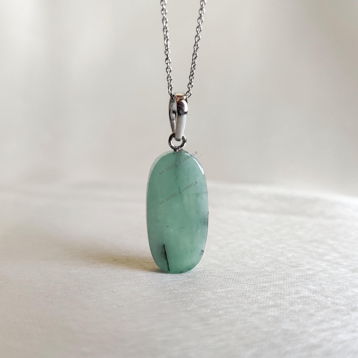 Natural Emerald Drill Pendant, 14K Solid White Gold, May Birthstone