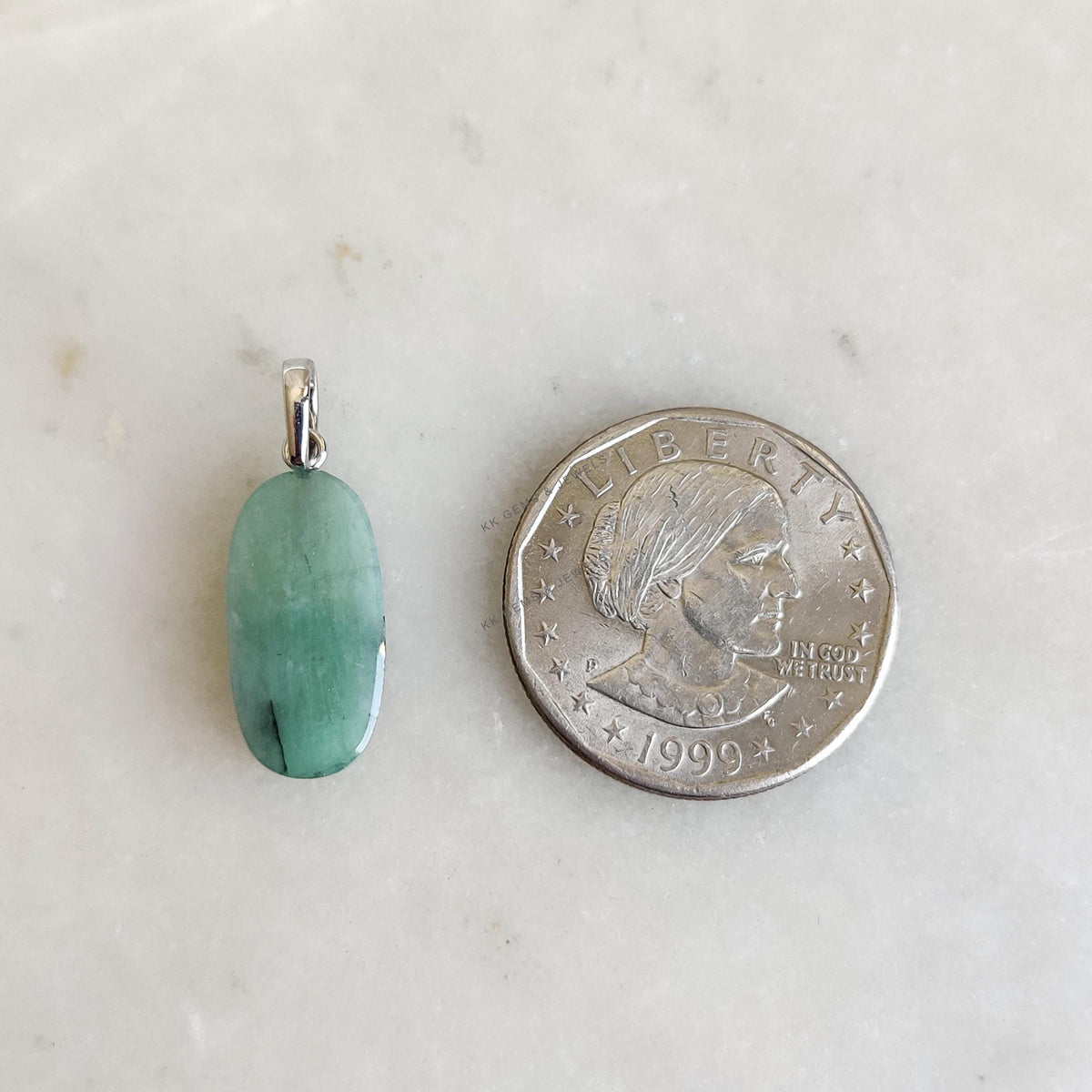 Natural Emerald Drill Pendant, 14K Solid White Gold, May Birthstone