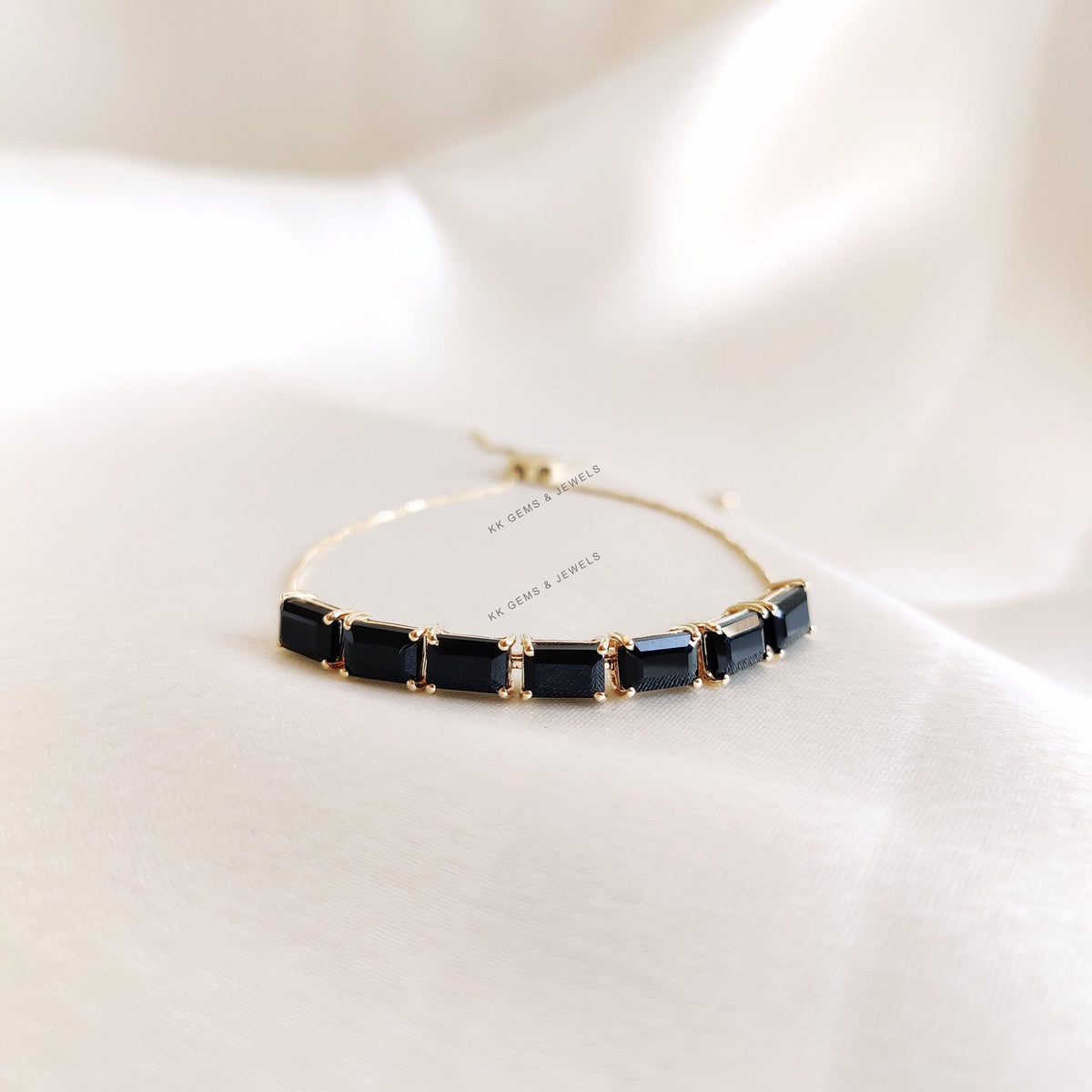 14K Solid Yellow Gold Natural Black Onyx Bolo Bracelet, December Birthstone Bracelet