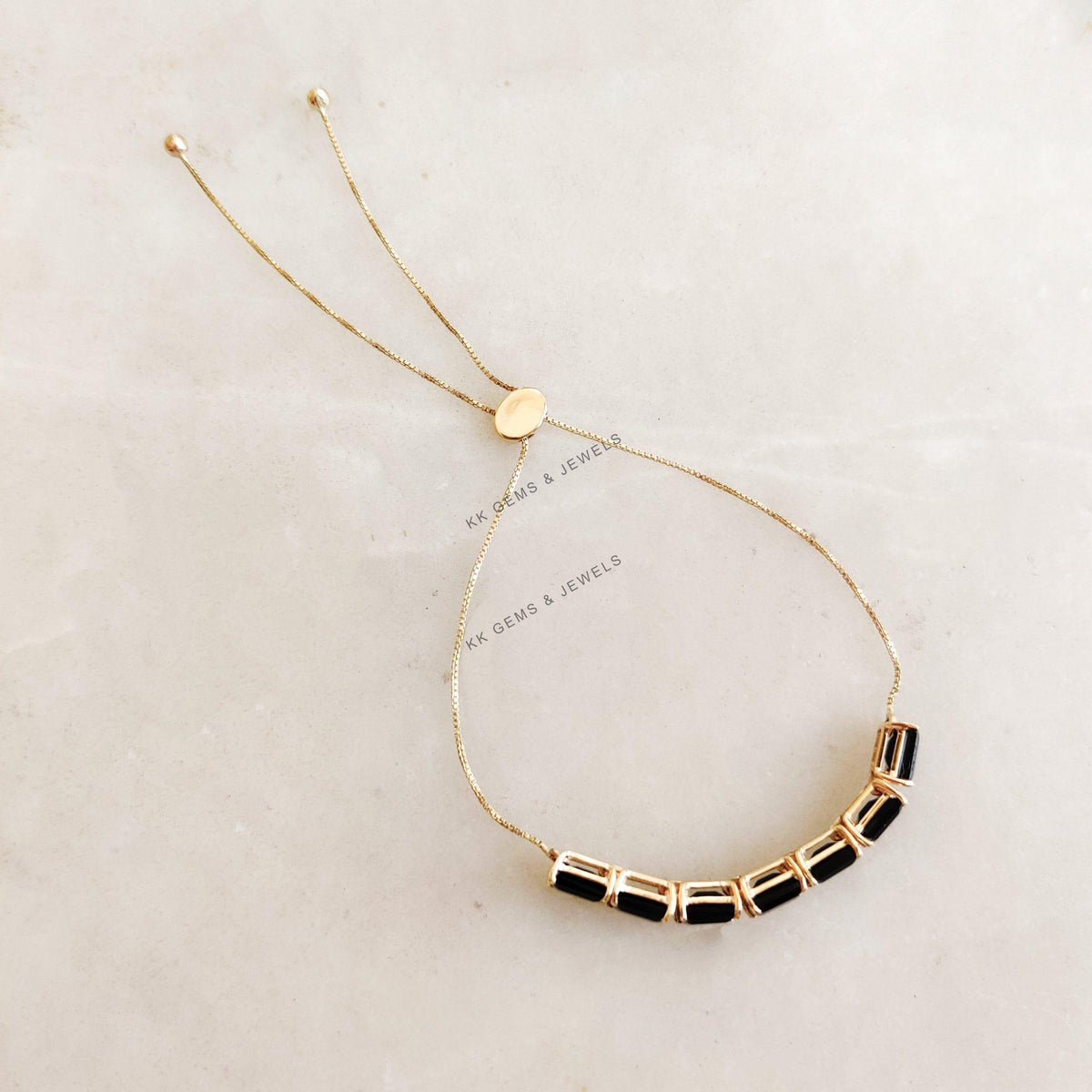14K Solid Yellow Gold Natural Black Onyx Bolo Bracelet, December Birthstone Bracelet