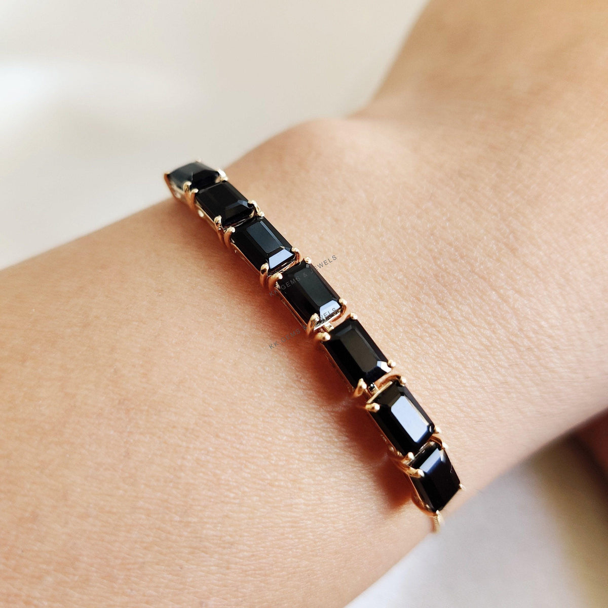 14K Solid Yellow Gold Natural Black Onyx Bolo Bracelet, December Birthstone Bracelet