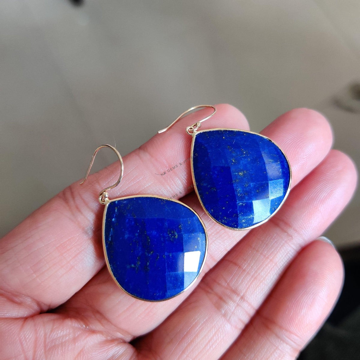 14K Solid Yellow Gold Natural Lapis Lazuli Bezel Earrings, September Birthstone Jewelry