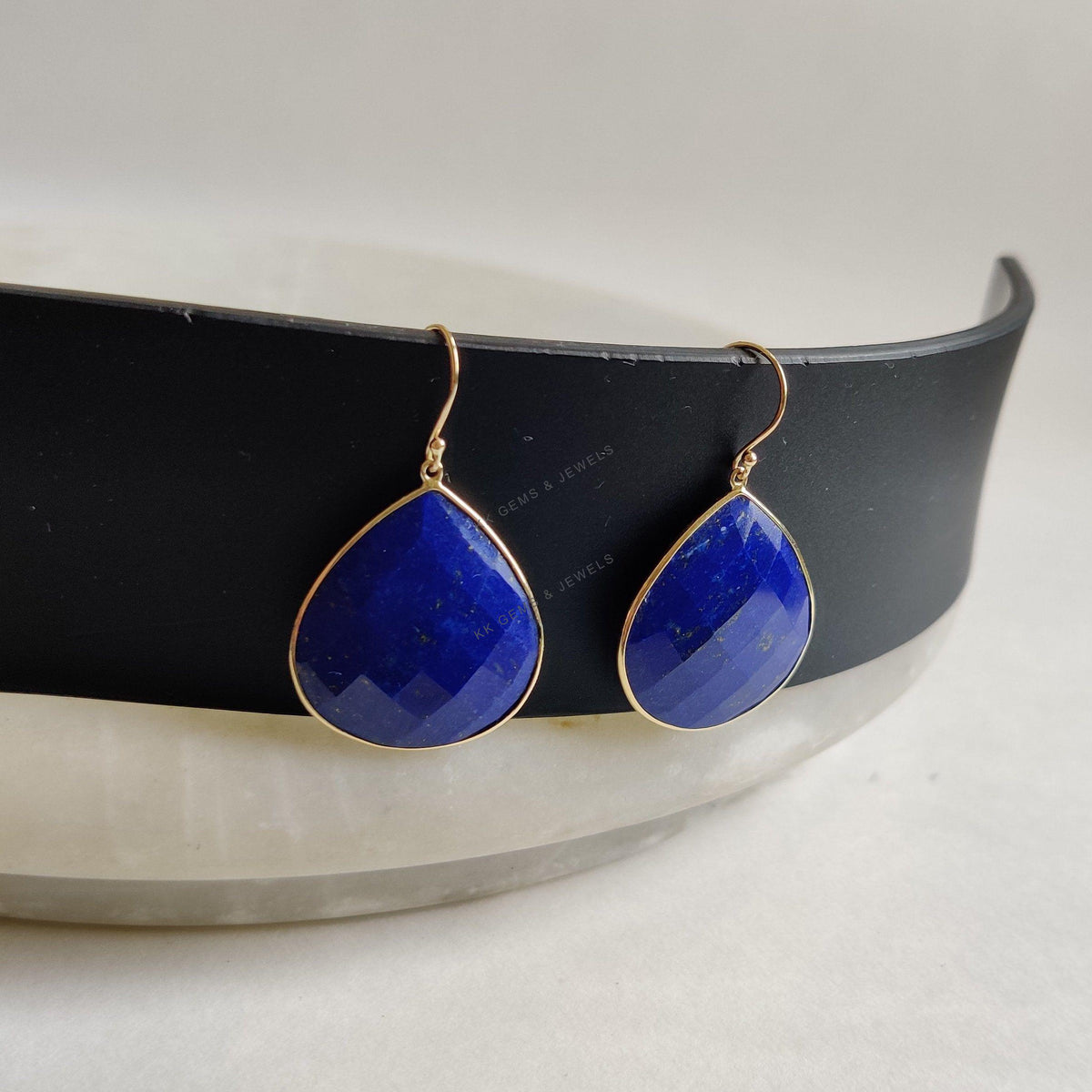 14K Solid Yellow Gold Natural Lapis Lazuli Bezel Earrings, September Birthstone Jewelry