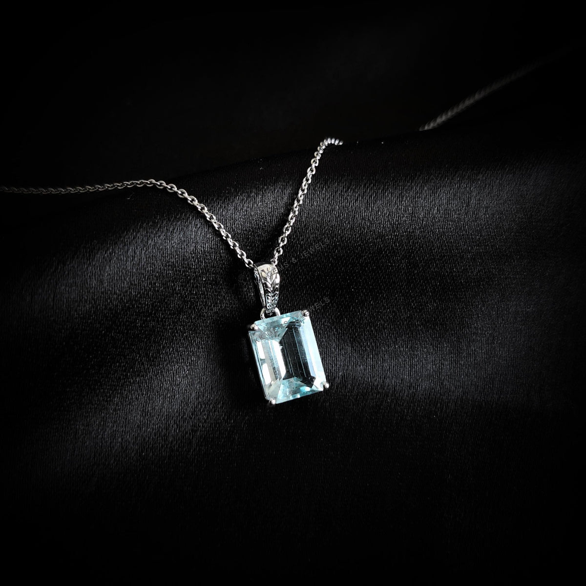 Natural Aquamarine Pendant, 14K Solid White Gold, March Birthstone