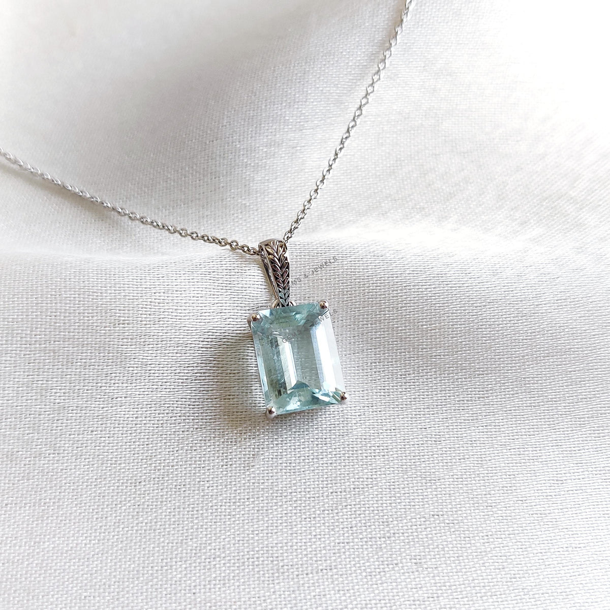 Natural Aquamarine Pendant, 14K Solid White Gold, March Birthstone