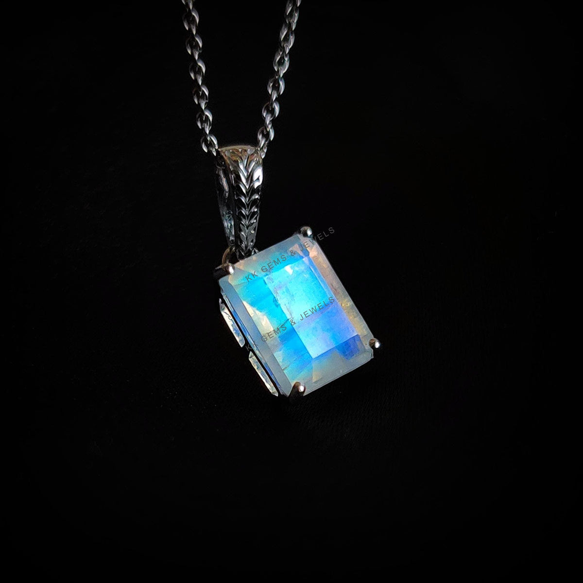 Natural Rainbow Moonstone Pendant, 14K Solid White Gold, June Birthstone