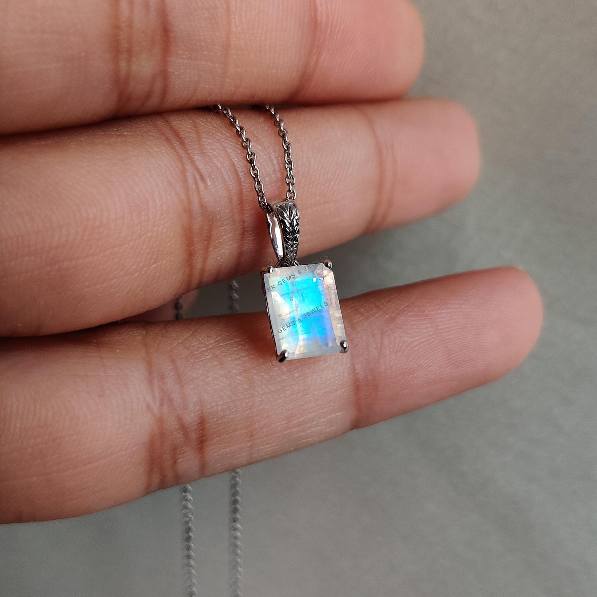 Natural Rainbow Moonstone Pendant, 14K Solid White Gold, June Birthstone