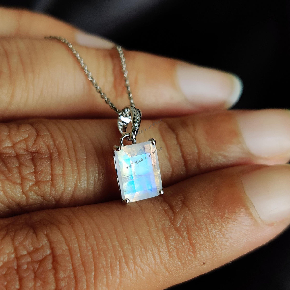 Natural Rainbow Moonstone Pendant, 14K Solid White Gold, June Birthstone