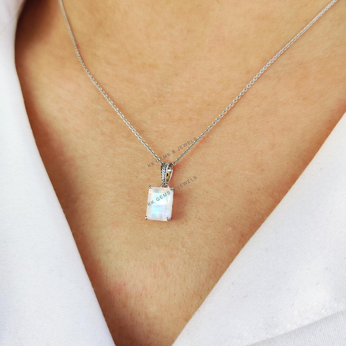 Natural Rainbow Moonstone Pendant, 14K Solid White Gold, June Birthstone