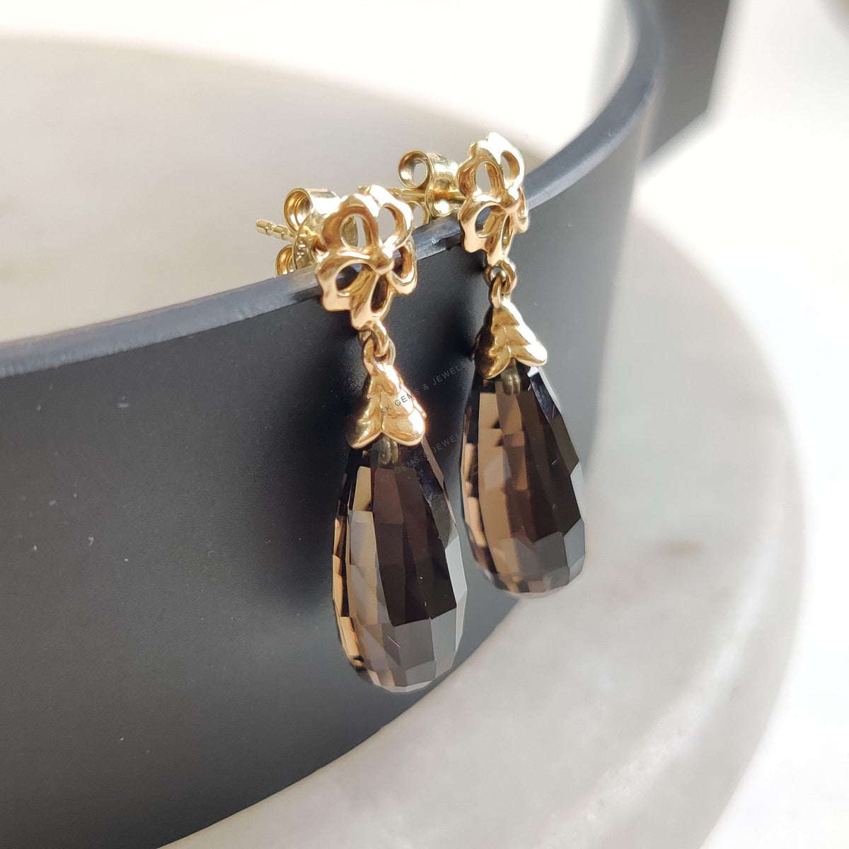 14K Solid Yellow Gold Natural Smoky Quartz Drop Earrings, June Birthstone