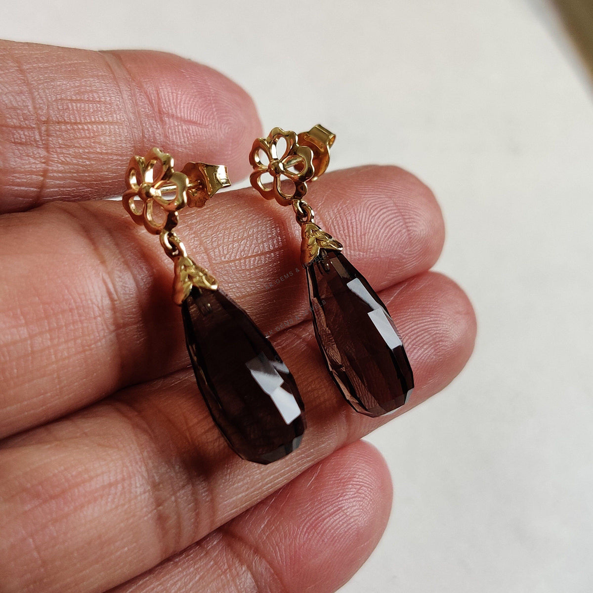 14K Solid Yellow Gold Natural Smoky Quartz Drop Earrings, June Birthstone